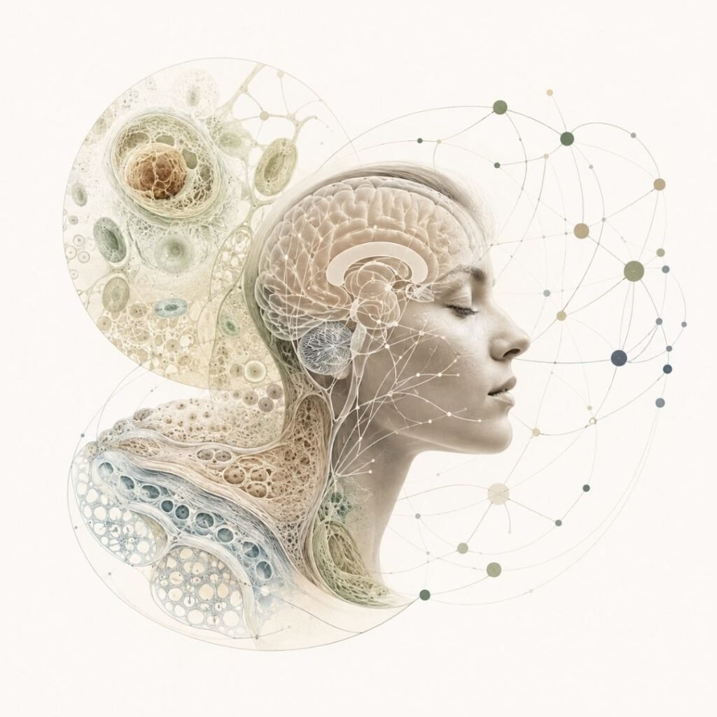 Illustrazione editoriale della BioPsicoQuantistica® con profilo umano, struttura biologica e rete neurale connesse in un unico sistema.