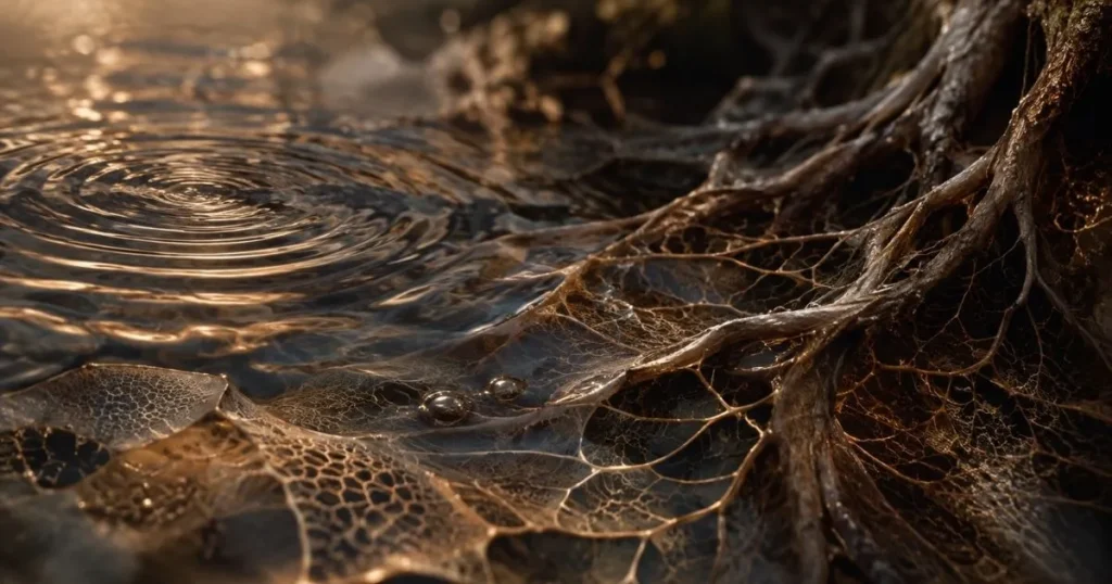 Fotografia macro di onde sull’acqua e reti organiche naturali che rappresentano la dimensione quantistica della BioPsicoQuantistica®