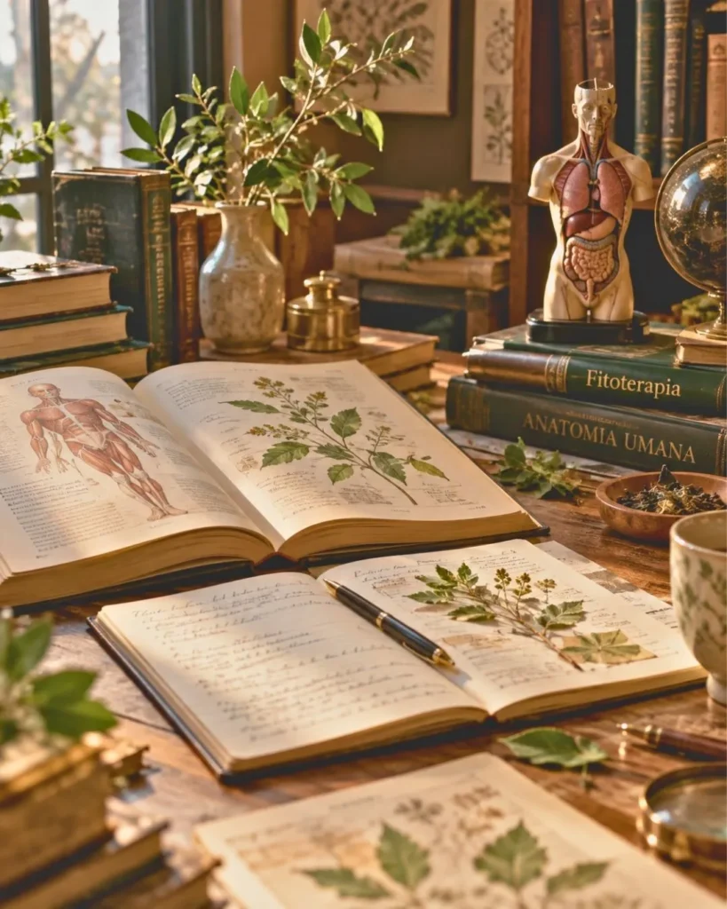Tavolo di studio con libri aperti, appunti, modello anatomico ed elementi naturali che rappresentano la ricerca alla base del metodo BioPsicoQuantistica® di Natale Petti.