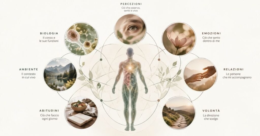 Diagramma del sistema-uomo nella BioPsicoQuantistica® con biologia, percezioni, emozioni, ambiente, relazioni, abitudini e volontà collegate alla persona