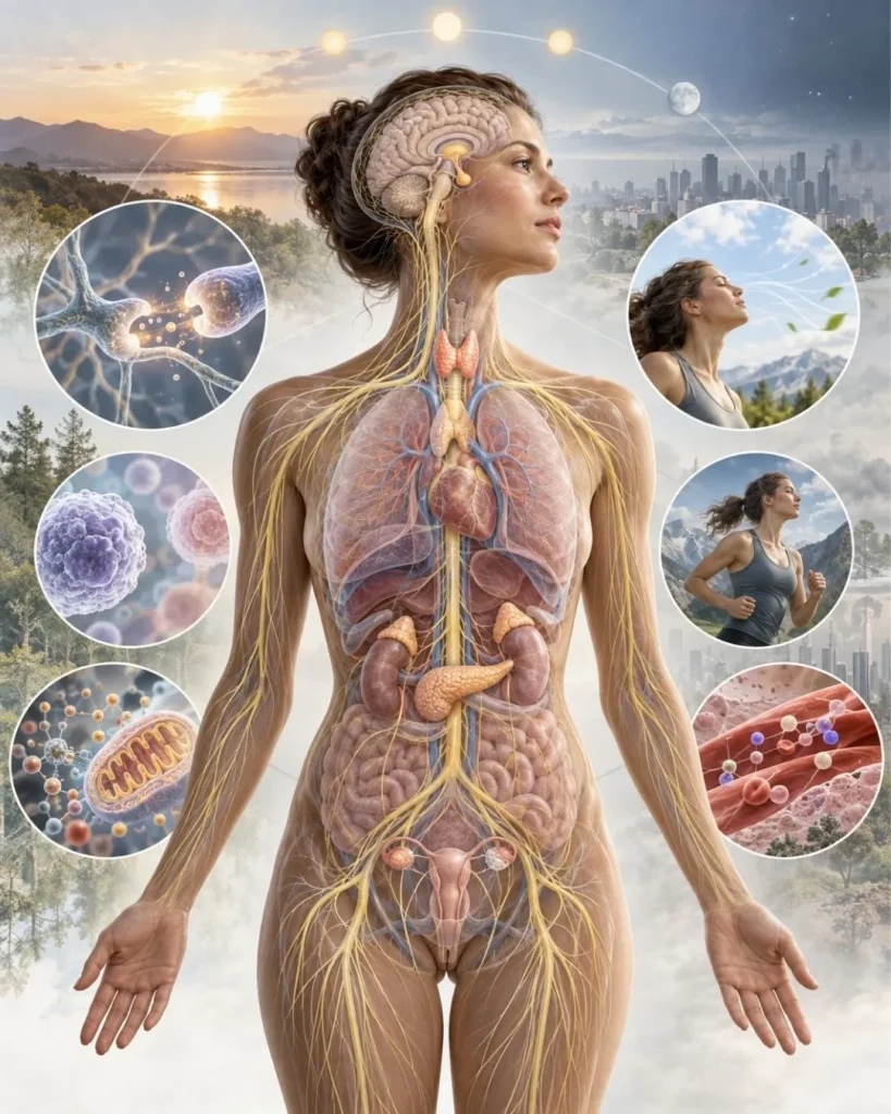 Illustrazione scientifica della dimensione biologica con anatomia umana, sistema nervoso, organi interni e processi di adattamento agli stimoli ambientali.