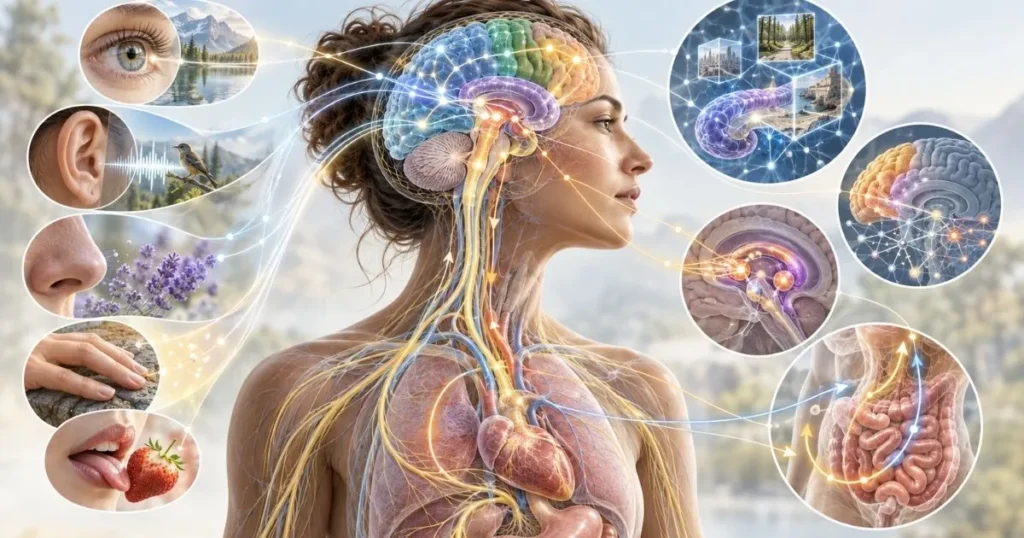 Illustrazione scientifica della dimensione psicologica con cervello, percezioni, memoria, segnali corporei ed elaborazione delle esperienze